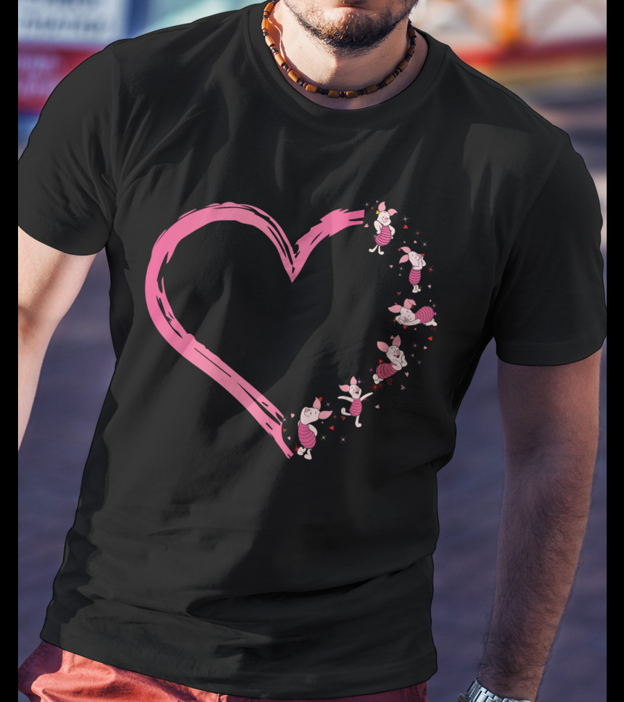 Piglet Heart Pattern With Pink Character Illustrations T-Shirt