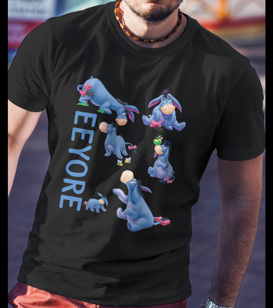 Eeyore Character Illustrations With Text On Black T-Shirt