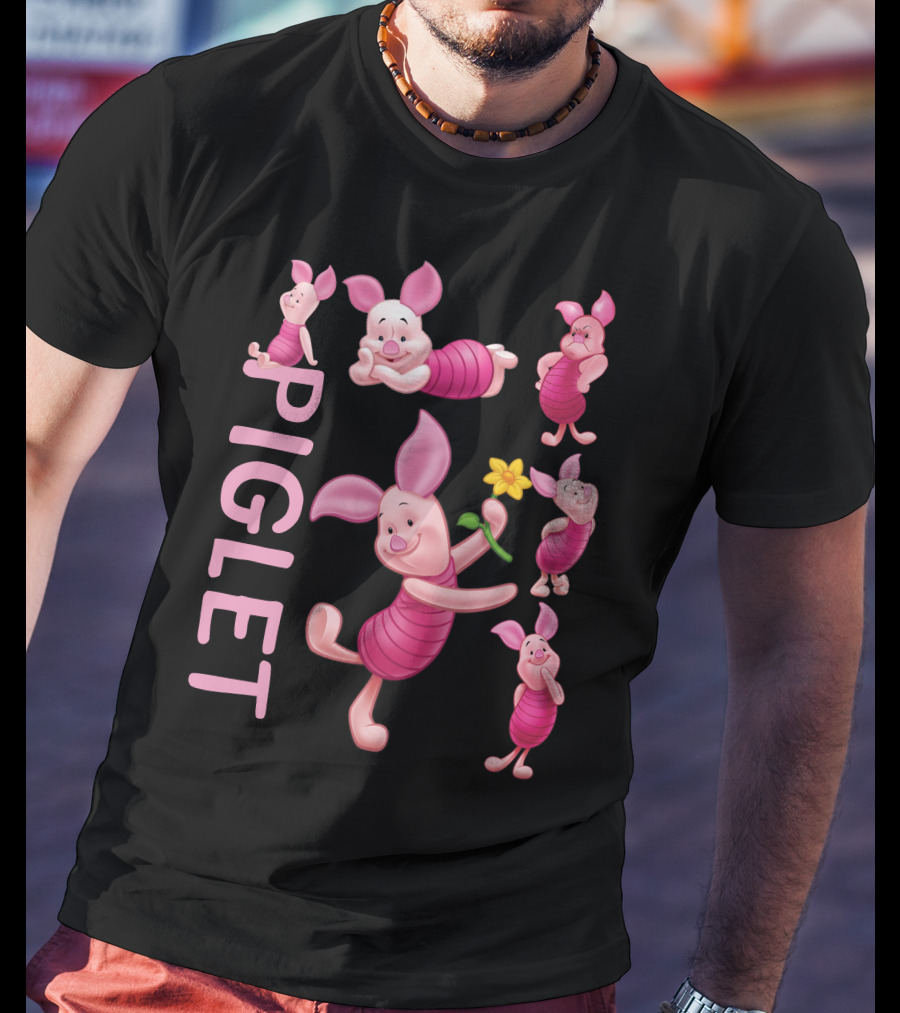 Piglet Playful Poses Cute Character With Flower T-Shirt
