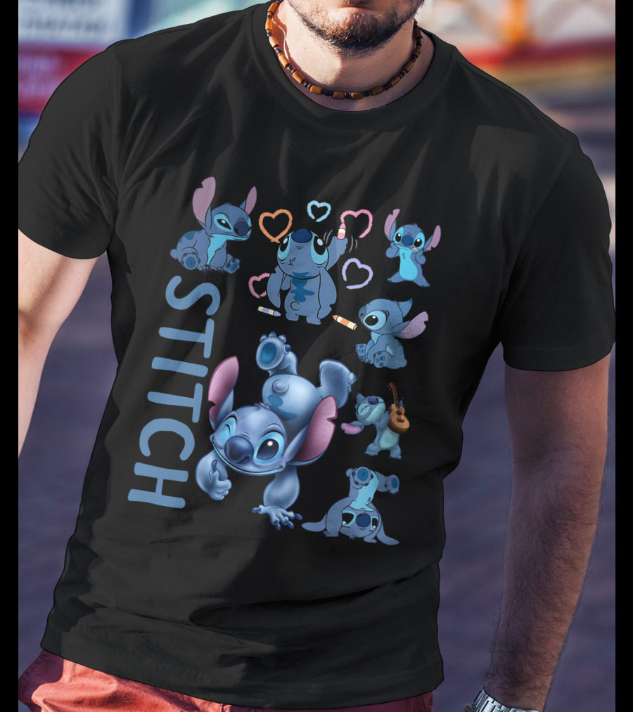 Stitch Cute Blue Alien Playing Guitar And Drawing Hearts T-Shirt