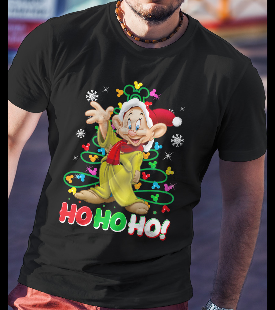 Dopey Ho Ho Ho Christmas Snowflakes Green Yellow Red Santa Hat Disney T-Shirt