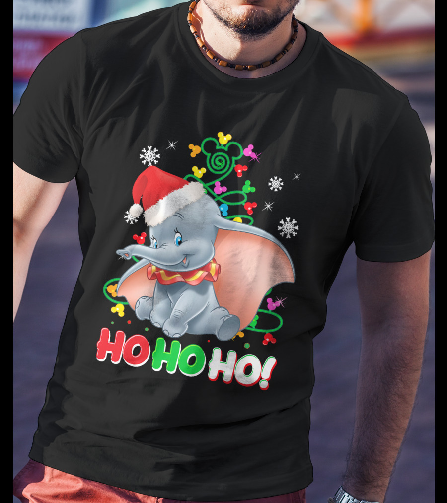 Dumbo Christmas Ho Ho Ho Santa Hat Mickey Mouse Ears Snowflakes T-Shirt