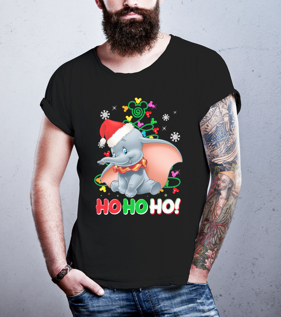 Dumbo Christmas Ho Ho Ho Santa Hat Mickey Mouse Ears Snowflakes T-Shirt