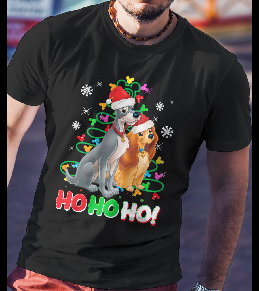 Lady And The Tramp Ho Ho Ho Christmas Santa Hats Snowflakes T-Shirt