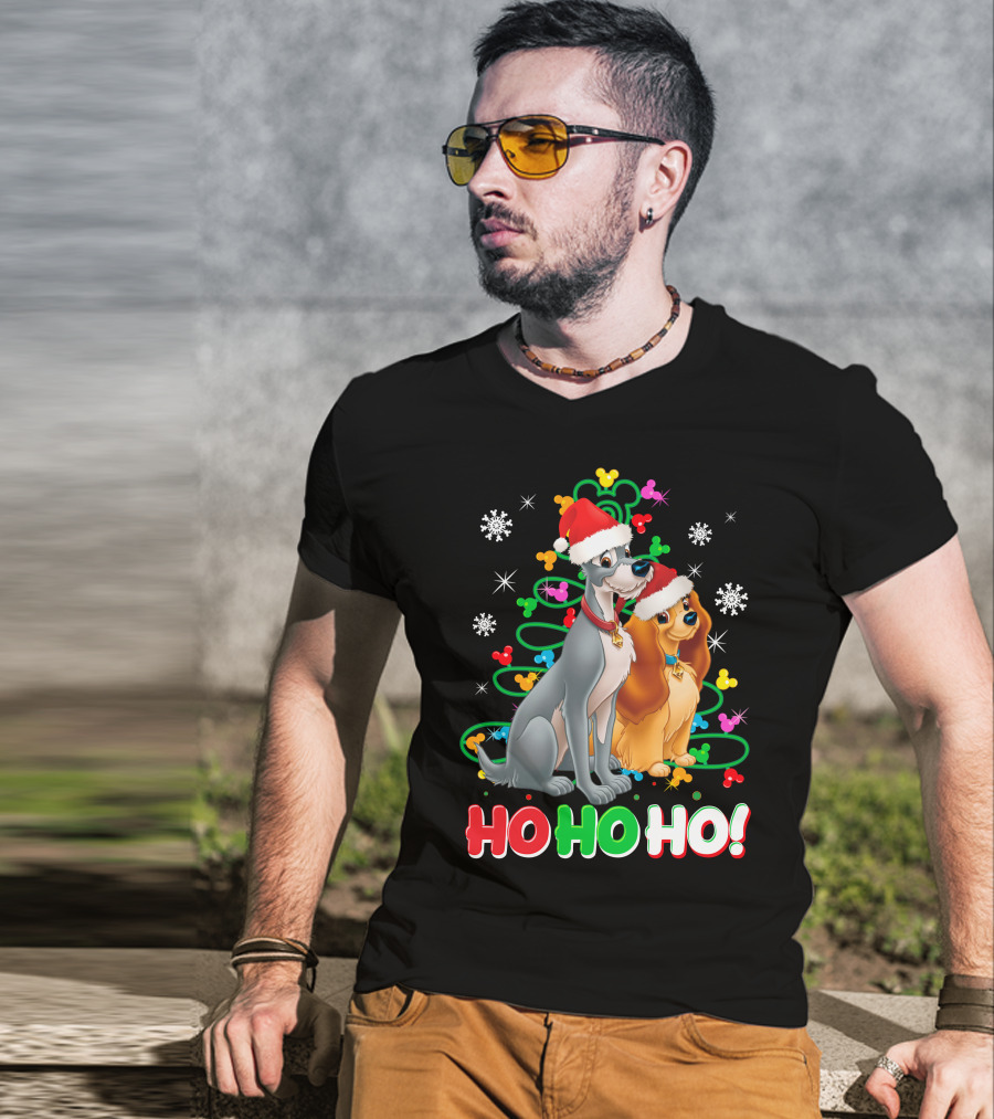 Lady And The Tramp Ho Ho Ho Christmas Santa Hats Snowflakes T-Shirt