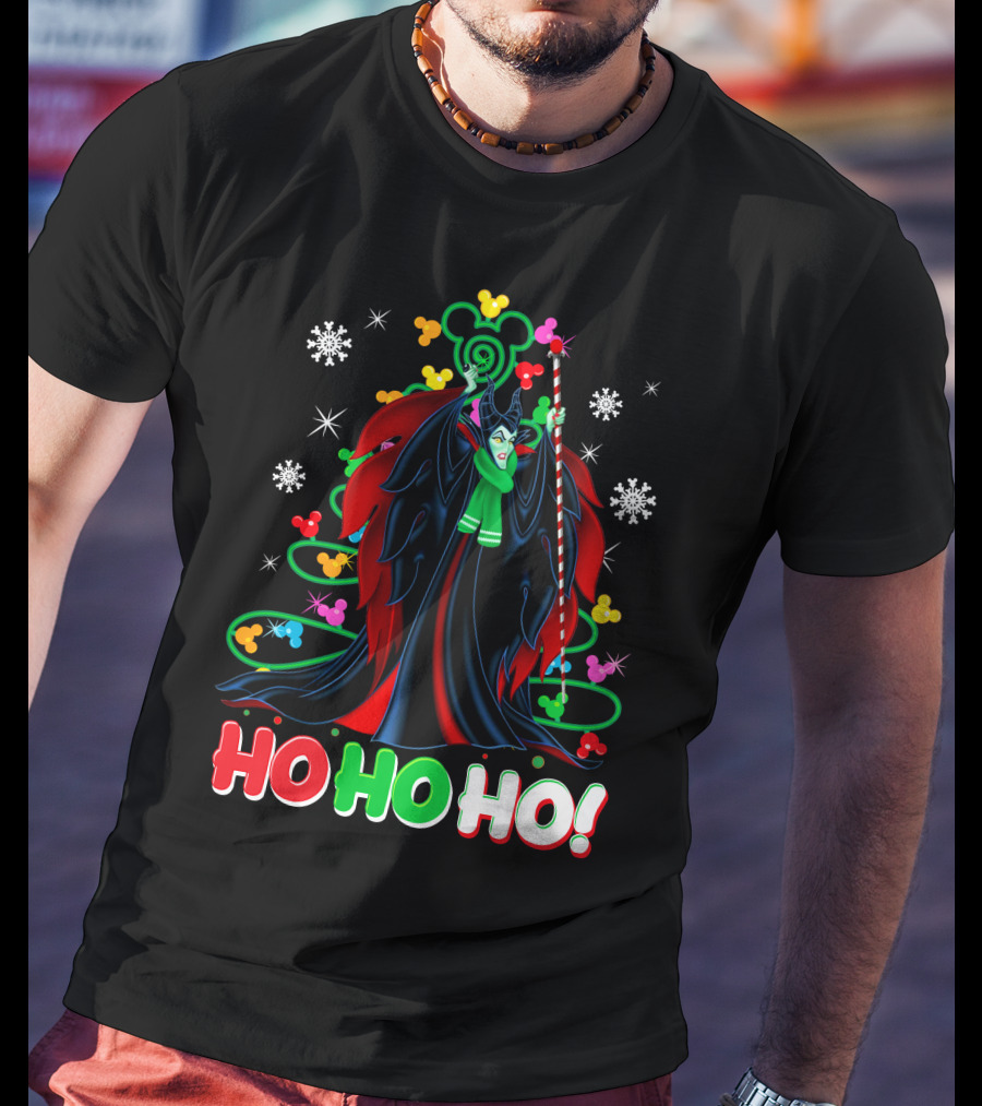 Maleficent Christmas Ho Ho Ho Snowflakes And Mickey Ears T-Shirt