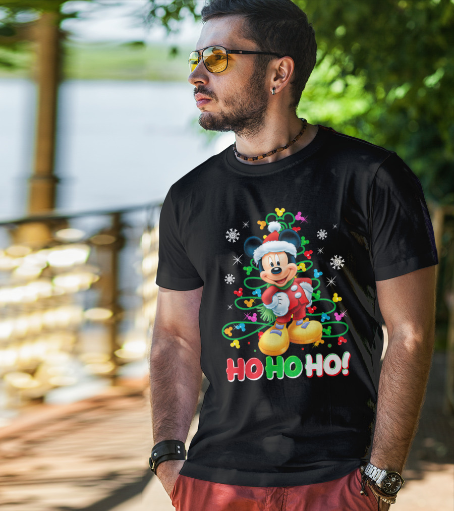 Mickey Mouse Christmas Ho Ho Ho Santa Outfit Snowflakes And Colorful Lights T-Shirt