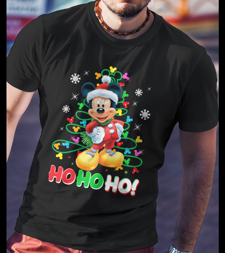 Mickey Mouse Christmas Ho Ho Ho Santa Outfit Snowflakes And Colorful Lights T-Shirt