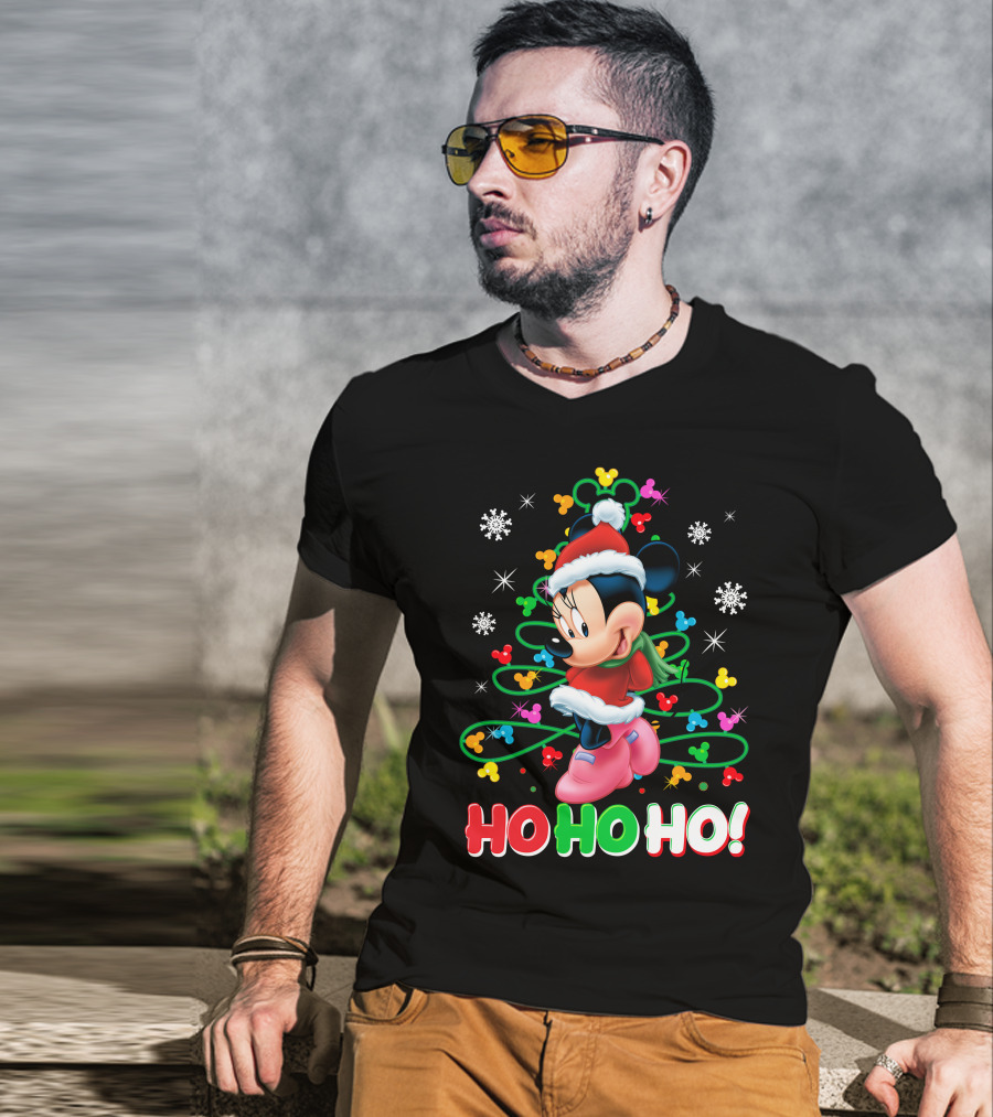 Minnie Mouse Christmas Ho Ho Ho Santa Hat Winter Holiday Snowflakes T-Shirt