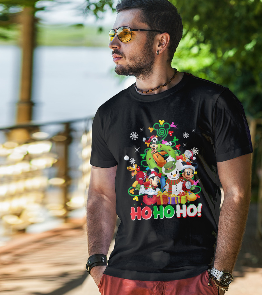 Mickey And Friends Holiday Cheer Ho Ho Ho Snowman And Gifts T-Shirt