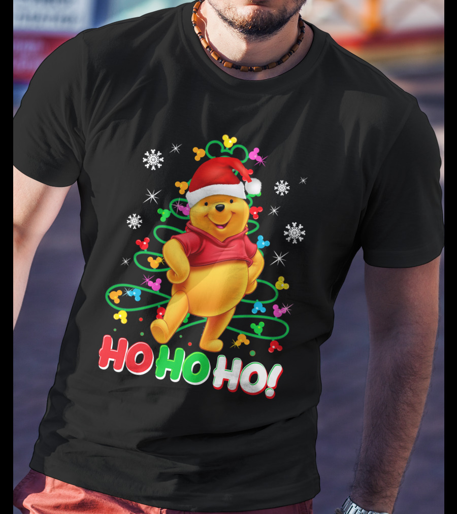Winnie The Pooh Christmas Ho Ho Ho Santa Hat Snowflakes And Lights T-Shirt