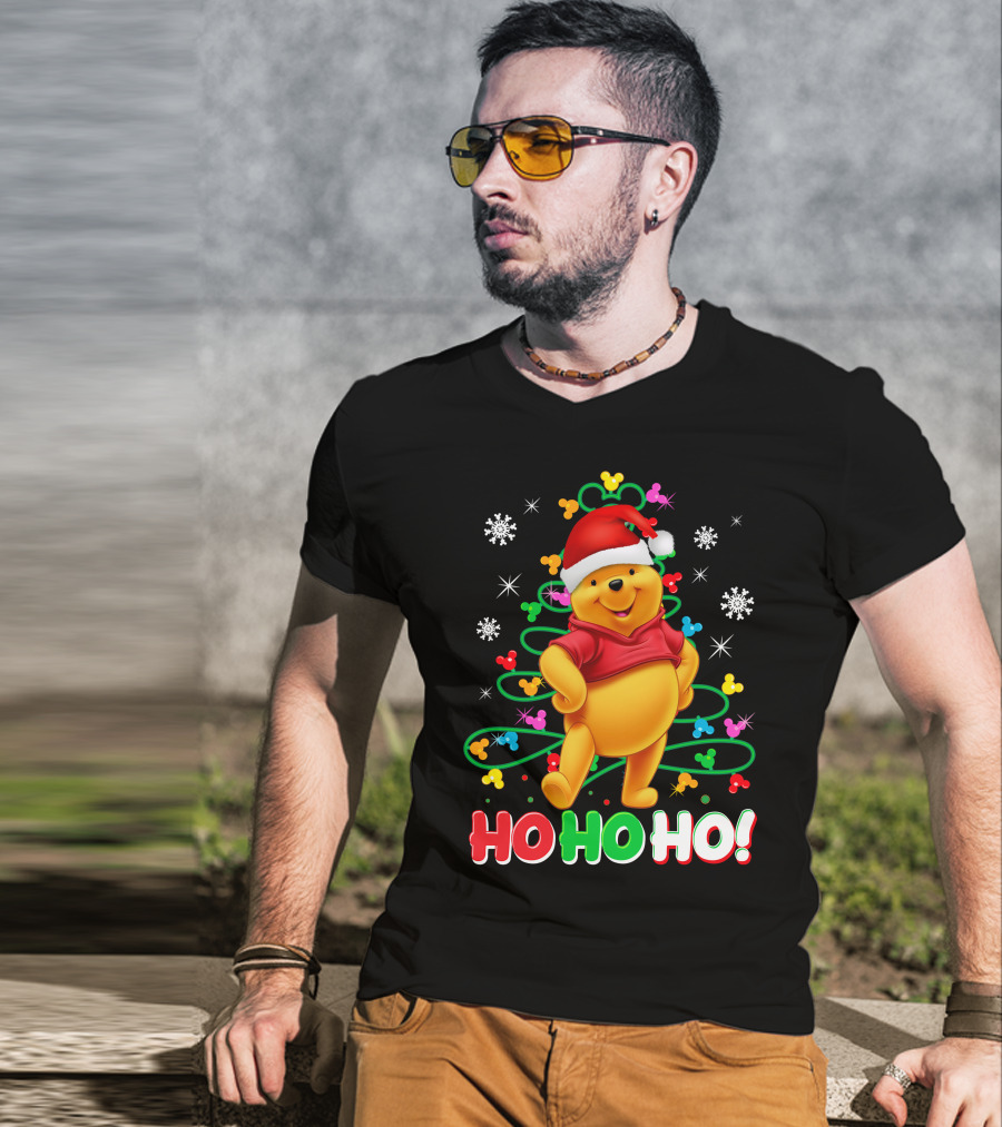 Winnie The Pooh Christmas Ho Ho Ho Santa Hat Snowflakes And Lights T-Shirt