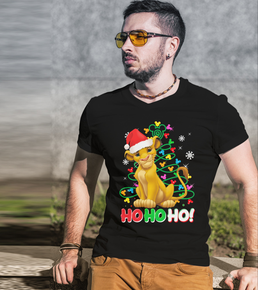 Simba Christmas Tree Ho Ho Ho Snowflakes Santa Hat T-Shirt