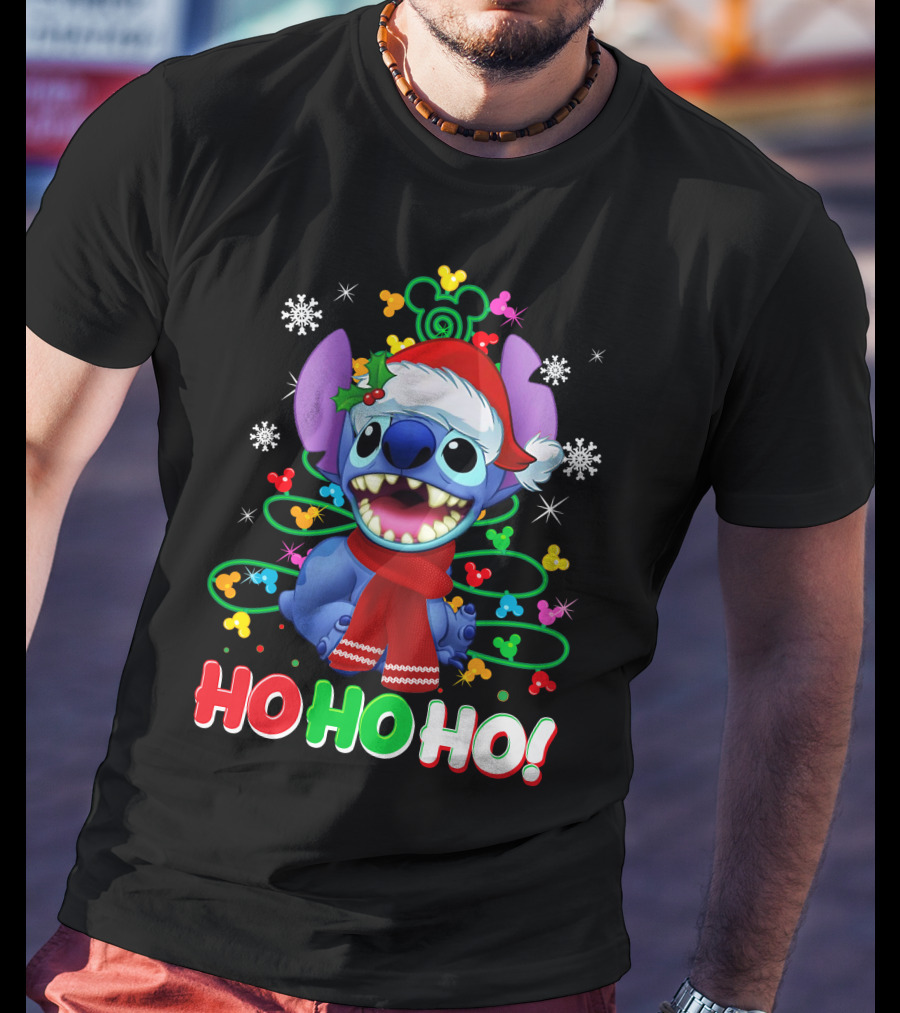 Stitch Christmas Ho Ho Ho Santa Hat Holiday Snowflakes Mickey Ears T-Shirt
