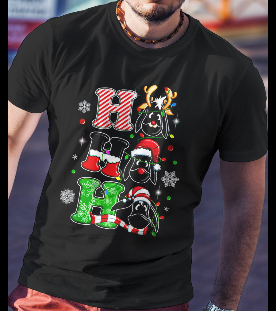Eeyore Head Ho Ho Ho Christmas Reindeer Santa Hat Snowflakes T-Shirt