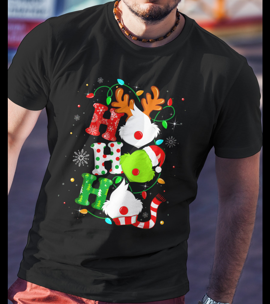 Ho Ho Ho Grinch Christmas Lights Reindeer Antlers Santa Hat Snowflakes T-Shirt