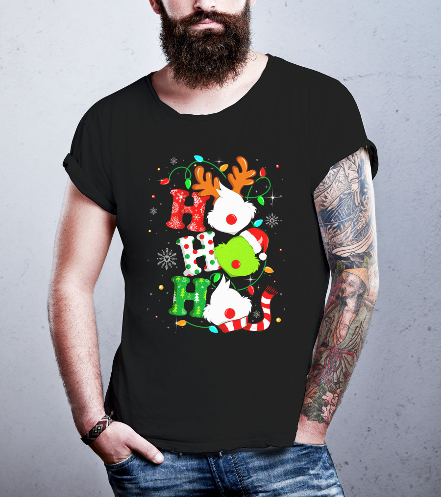 Ho Ho Ho Grinch Christmas Lights Reindeer Antlers Santa Hat Snowflakes T-Shirt