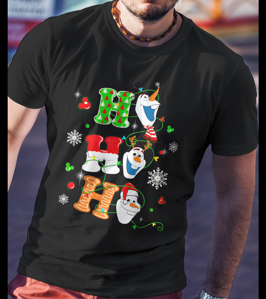 H H H Olaf Snowman With Christmas Trees And Snowflakes Holiday Theme T-Shirt