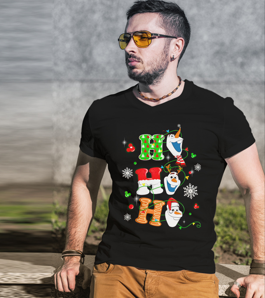 H H H Olaf Snowman With Christmas Trees And Snowflakes Holiday Theme T-Shirt