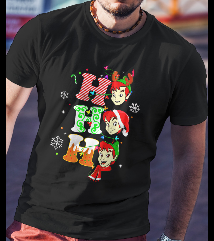Peter Pan Holiday Cheer Ho Ho Ho Christmas Reindeer Santa Hat Scarf Snowflakes T-Shirt