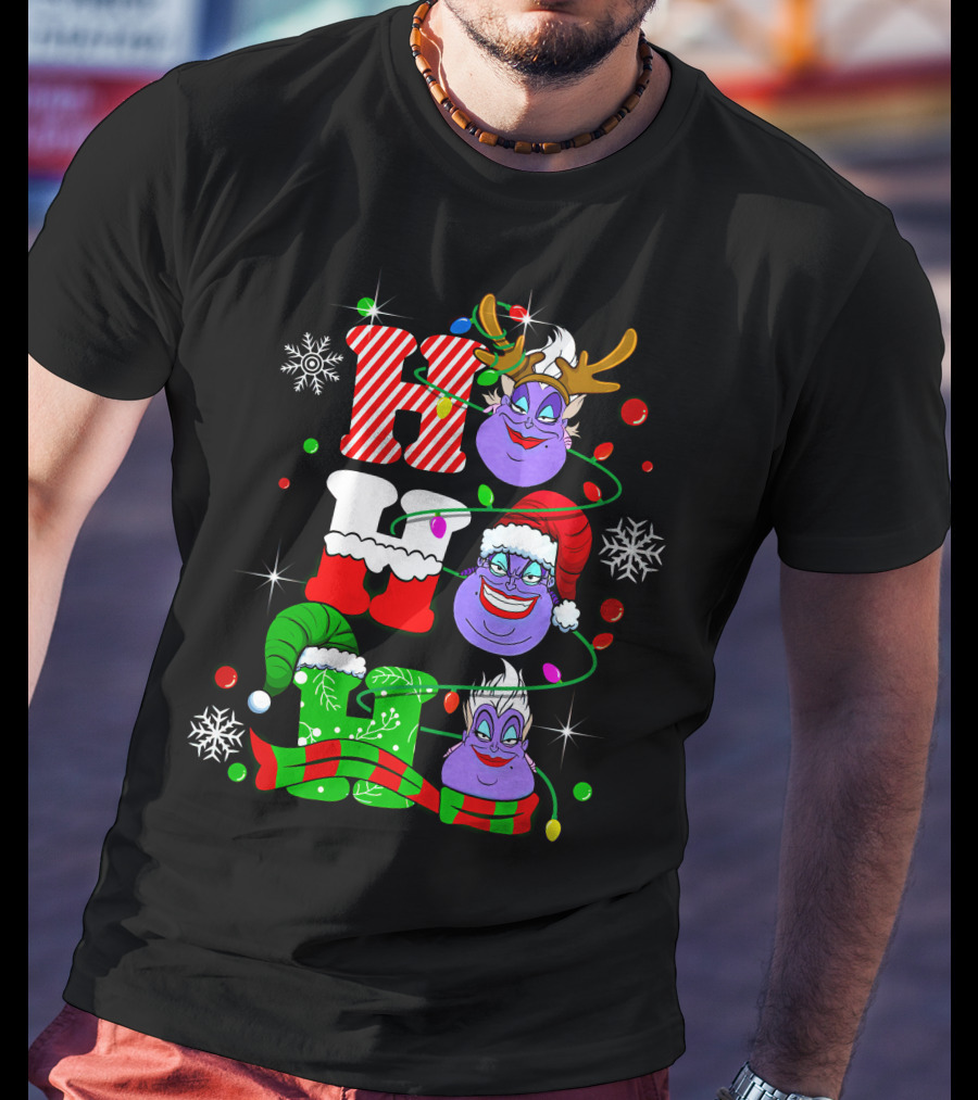 Ho Ho Ho Ursula Christmas Reindeer Santa Hats And Snowflakes T-Shirt