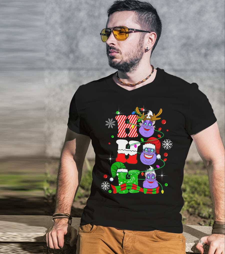 Ho Ho Ho Ursula Christmas Reindeer Santa Hats And Snowflakes T-Shirt