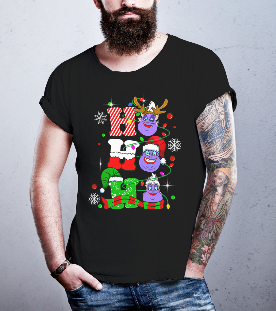 Ho Ho Ho Ursula Christmas Reindeer Santa Hats And Snowflakes T-Shirt