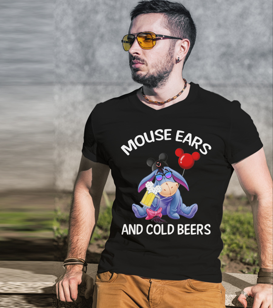 Mouse Ears And Cold Beers Eeyore With Mickey Hat And Balloon T-Shirt