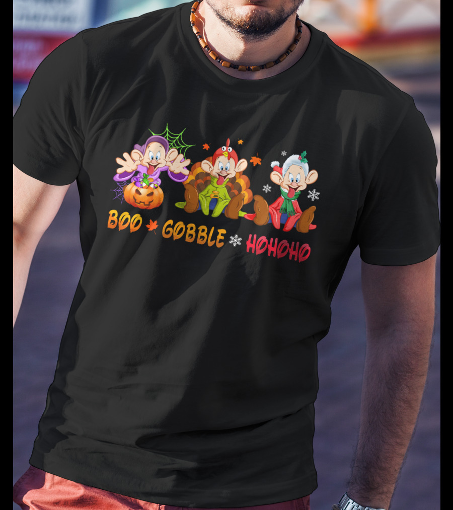 Boo Gobble Hohoho Dopey Halloween Thanksgiving Christmas Holiday Trio T-Shirt