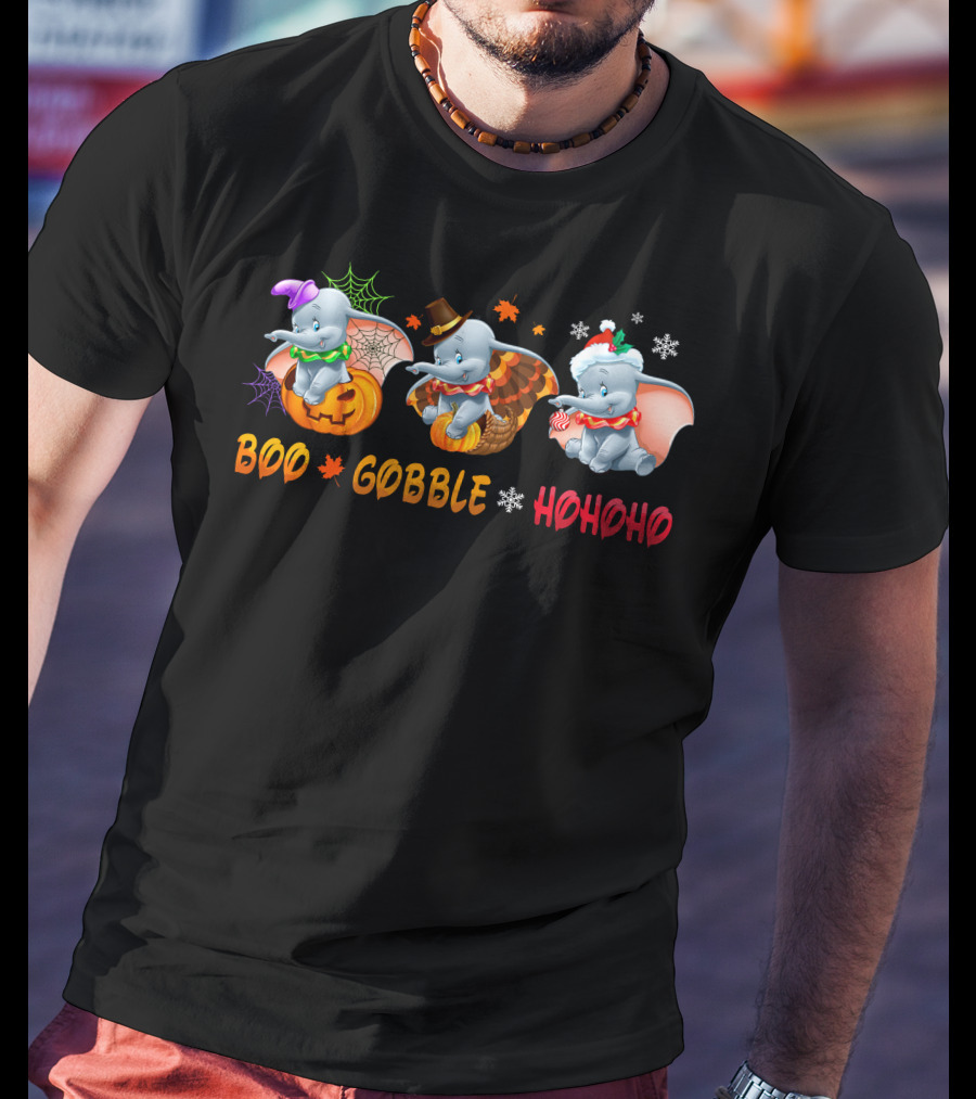 Boo Gobble Hohoho Dumbo Halloween Thanksgiving Christmas T-Shirt
