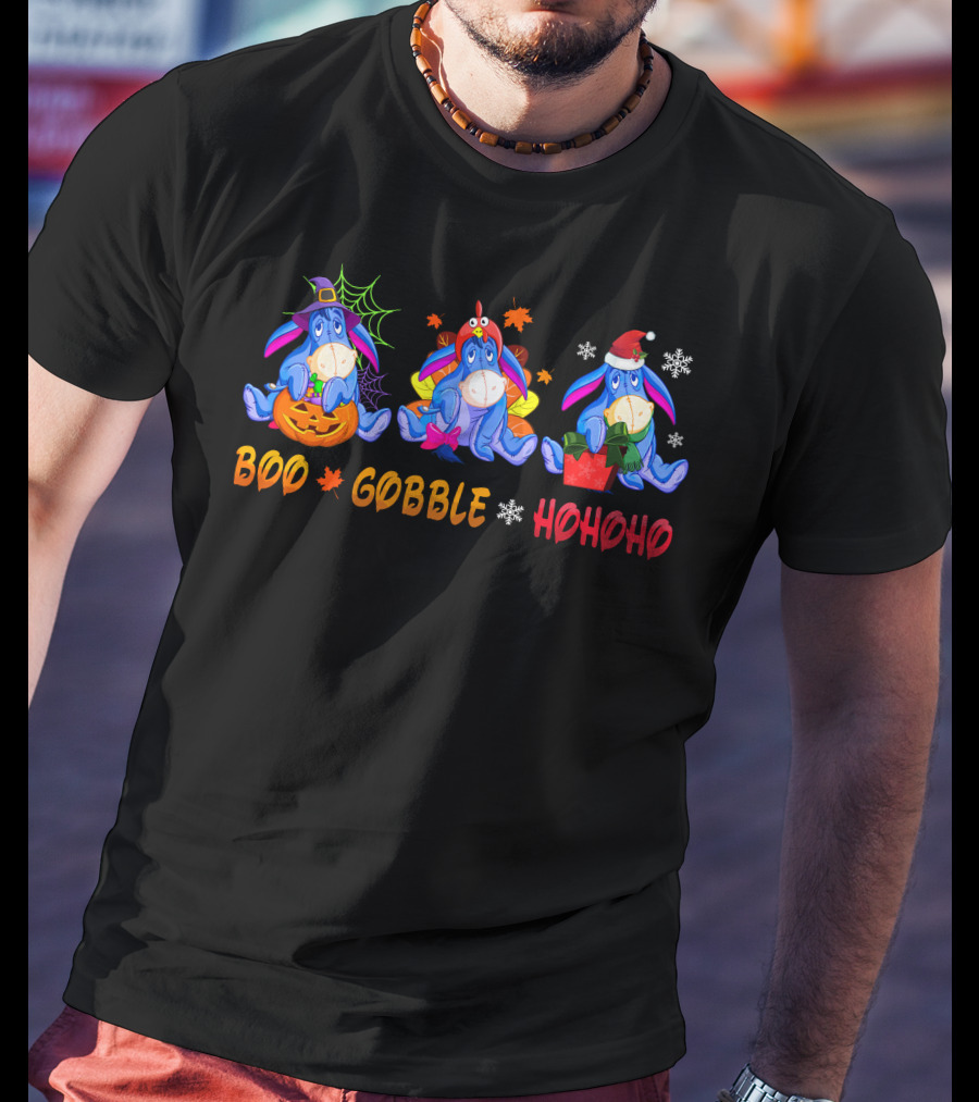 Boo Gobble Hohoho Eeyore Halloween Thanksgiving Christmas T-Shirt