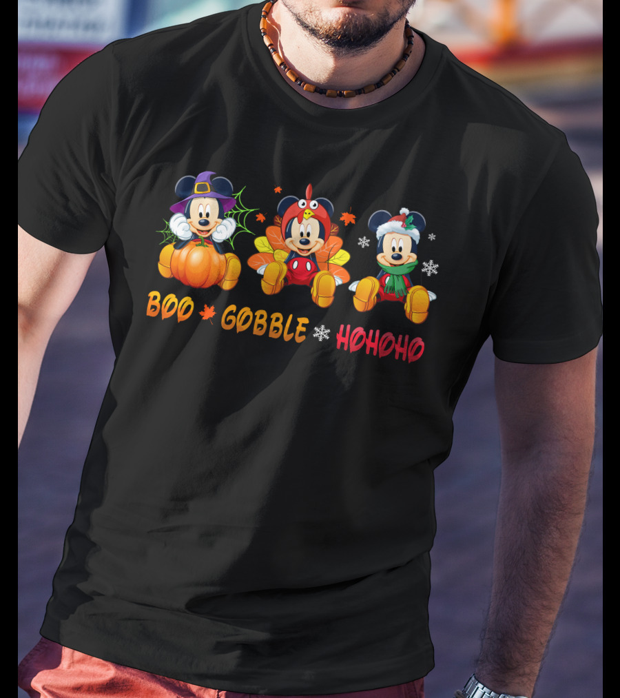 Boo Gobble Ho Ho Ho Mickey Halloween Thanksgiving Christmas T-Shirt