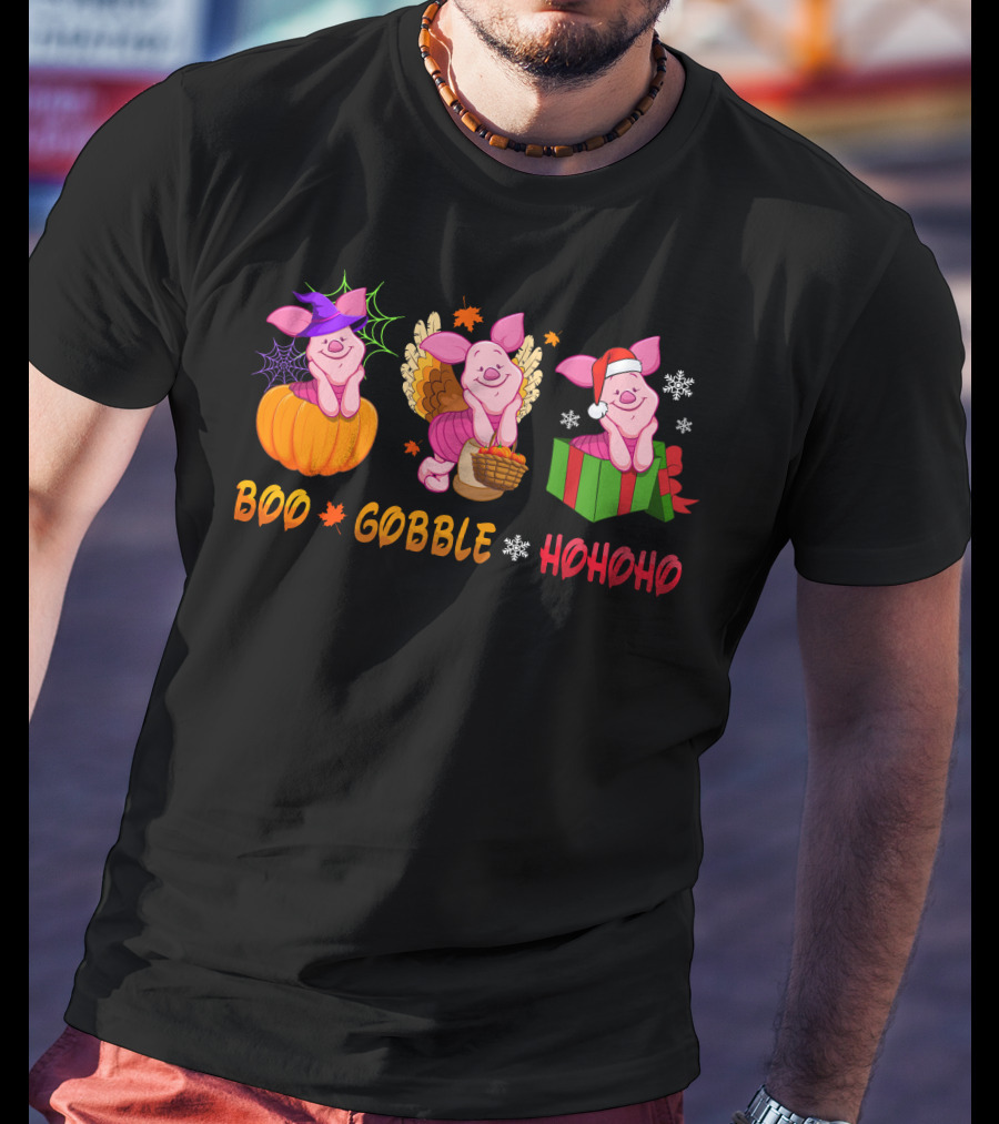 Boo Gobble Hohoho Piglet Halloween Thanksgiving Christmas T-Shirt