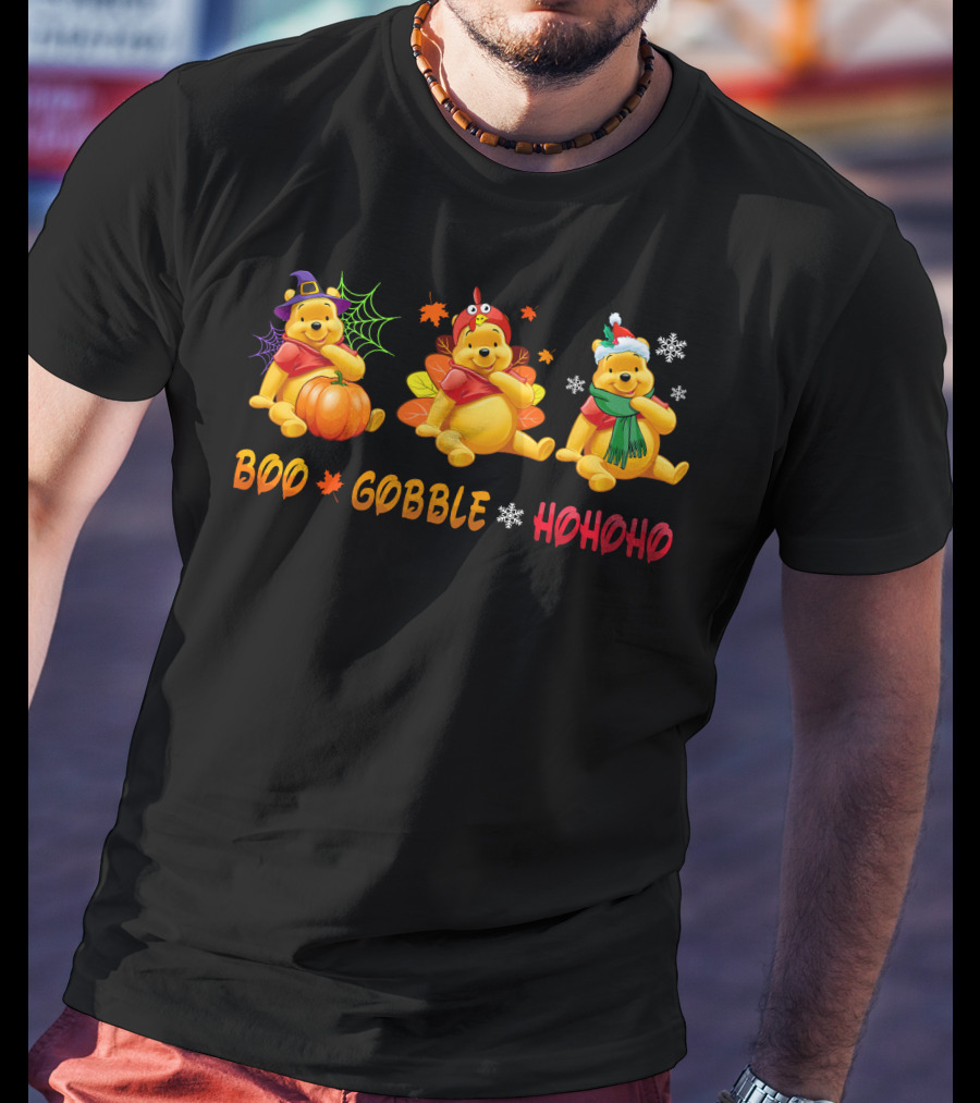 Boo Gobble Hohoho Pooh Halloween Thanksgiving Christmas T-Shirt