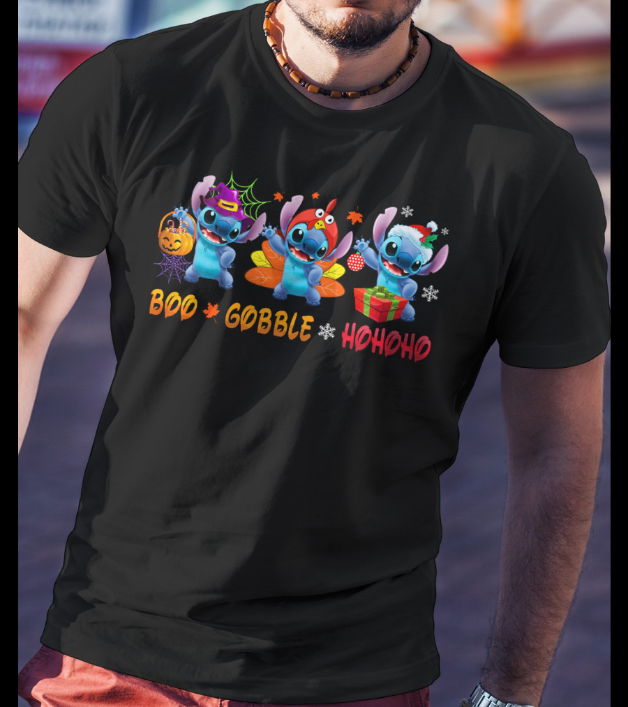 Stitch Boo Gobble Hohoho Halloween Thanksgiving Christmas T-Shirt