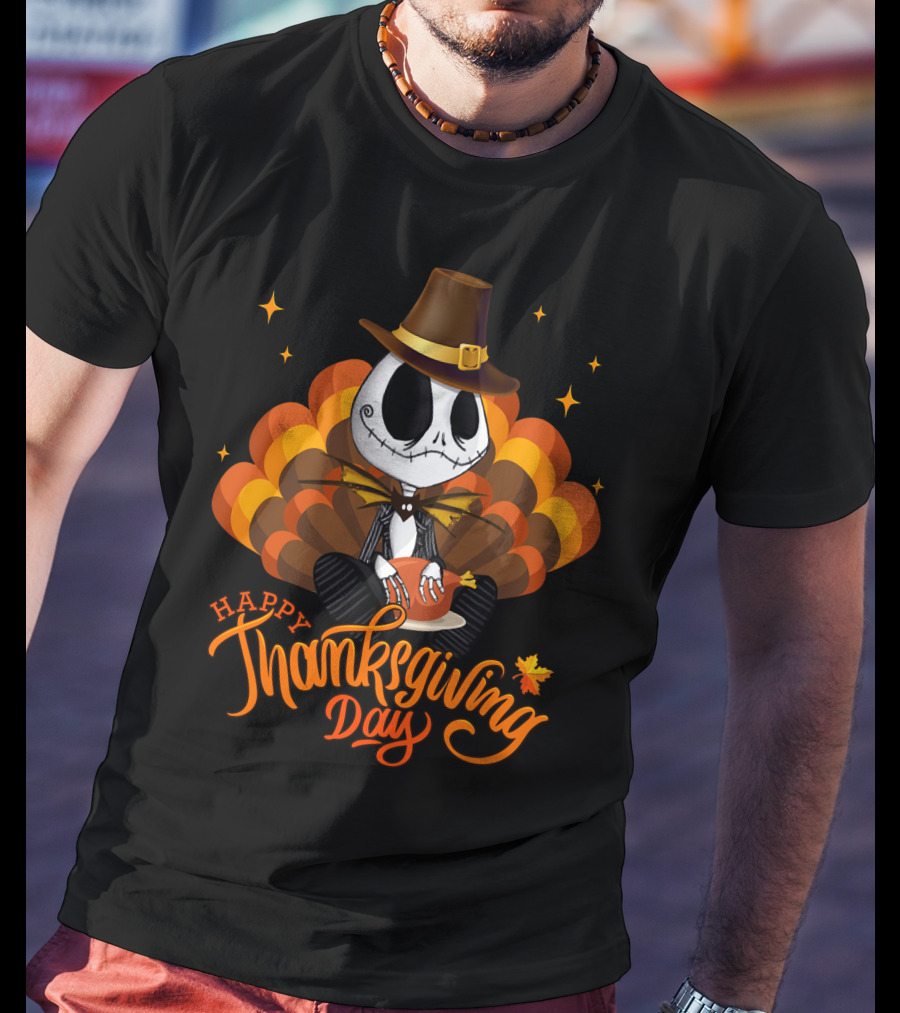 Happy Thanksgiving Day Jack Skellington With Pumpkin Turkey Hat T-Shirt
