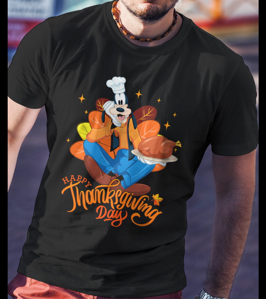 Goofy Happy Thanksgiving Day Chef With Turkey And Autumn Leaves T-Shirt