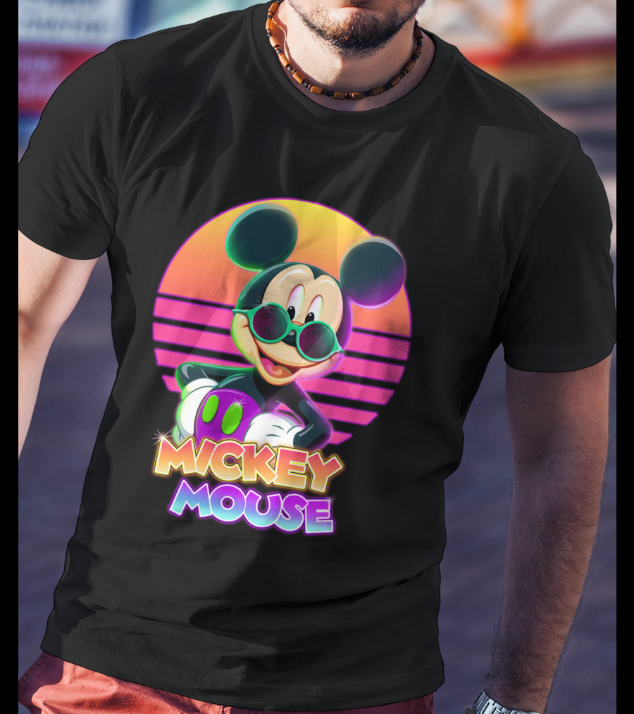 Mickey Mouse Retro Neon Style Sunglasses Sunset T-Shirt