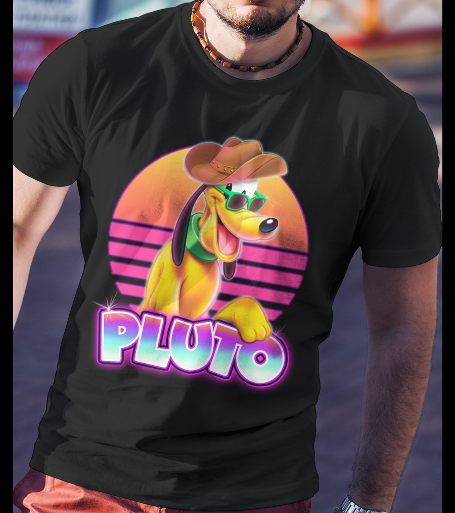 Pluto Retro Sunset Neon Style With Sunglasses And Cowboy Hat T-Shirt