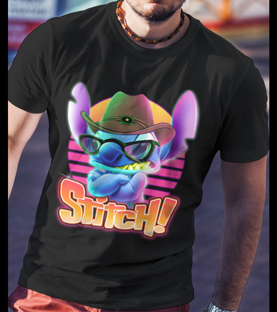 Stitch Neon Retro Cowboy Style With Sunglasses T-Shirt