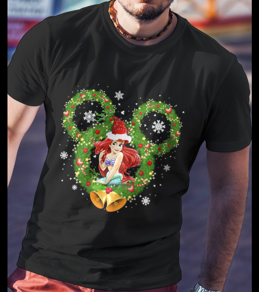 Ariel Christmas Holiday Wreath With Mickey Ears And Festive Bells T-Shirt