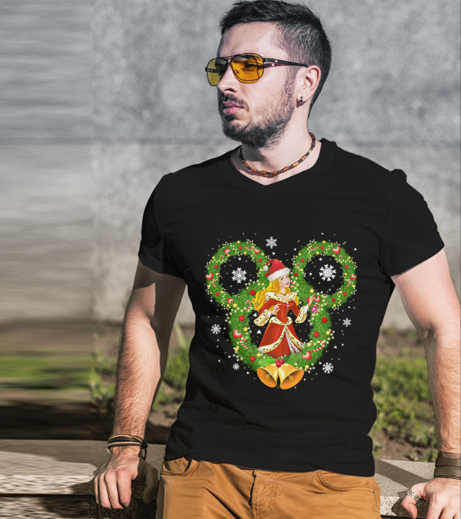 Aurora Christmas Wreath With Santa Hat And Bells Mickey Icon Snowflakes T-Shirt