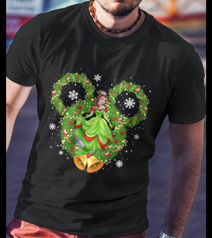 Belle Christmas Wreath Mickey Ears Snowflakes And Bells T-Shirt