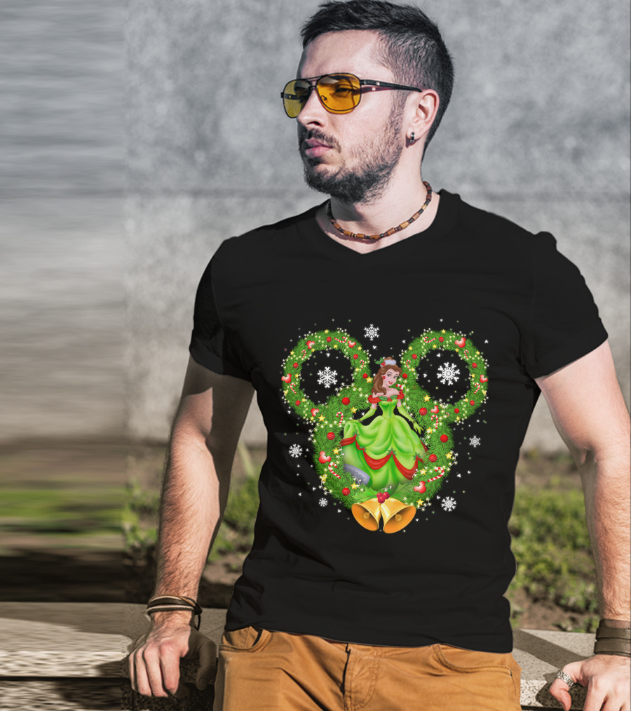 Belle Christmas Wreath Mickey Ears Snowflakes And Bells T-Shirt