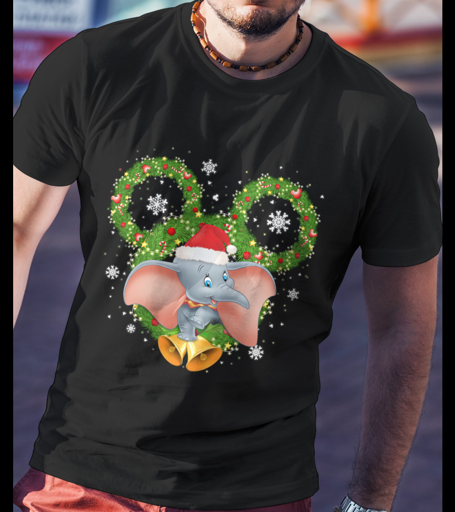 Dumbo Christmas Santa Hat Holiday Wreath Snowflakes T-Shirt