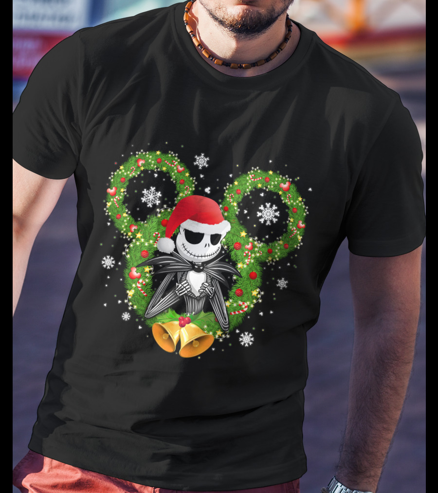 Jack Skellington Santa Hat Christmas Wreath Mickey Ears T-Shirt