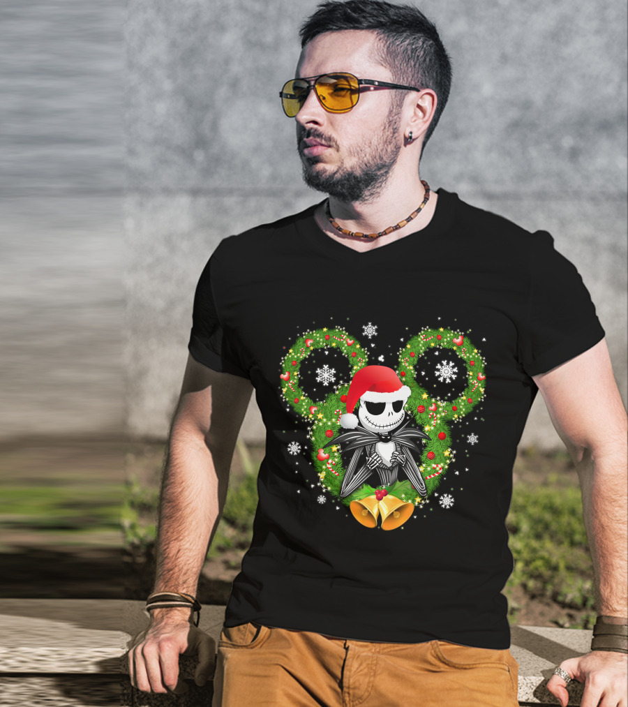 Jack Skellington Santa Hat Christmas Wreath Mickey Ears T-Shirt