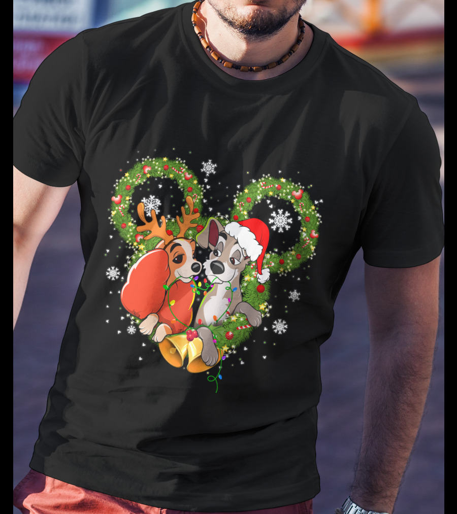 Lady And The Tramp Christmas Wreath Mickey Ears Snowflakes T-Shirt