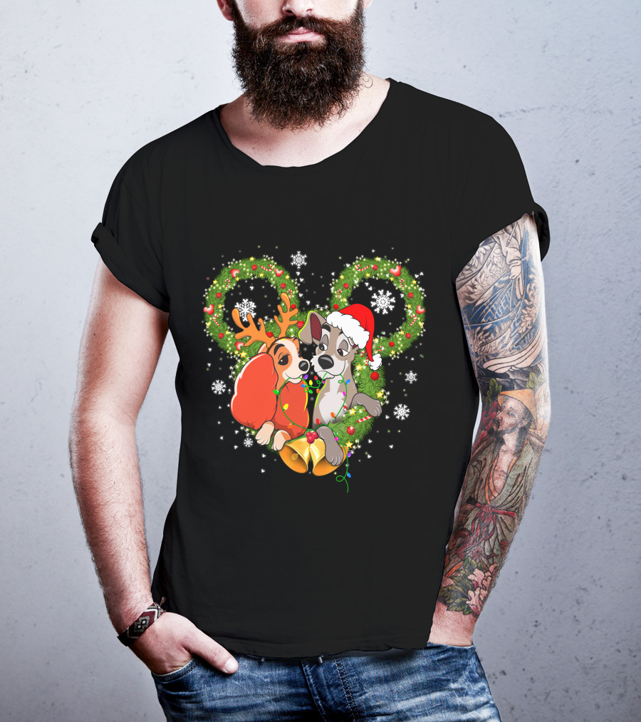 Lady And The Tramp Christmas Wreath Mickey Ears Snowflakes T-Shirt