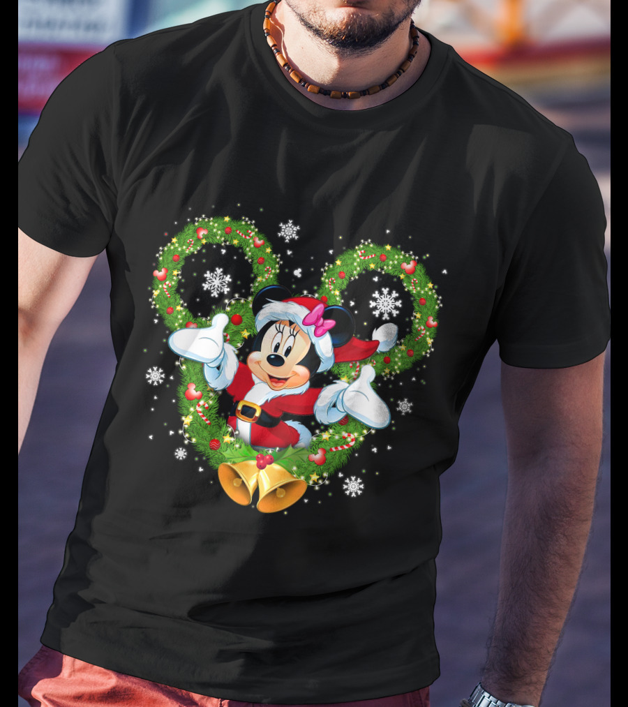 Minnie Mouse Christmas Wreath Santa Snowflakes Bow Bells T-Shirt